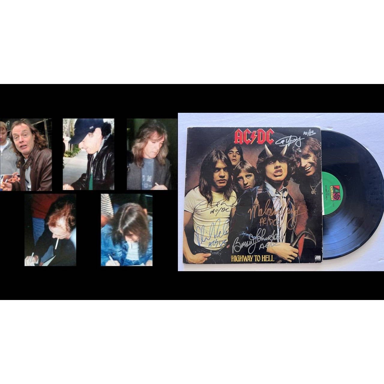 Angus young Malcolm Young Brian Johnson Cliff Williams Phil Rudd AC DC highway to hell lp signed with proof