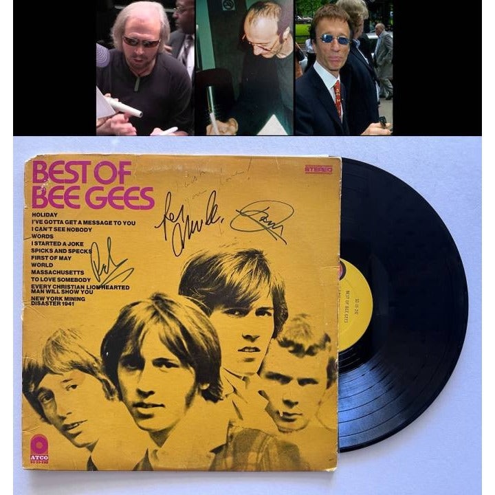 Barry, Robin and Maurice Gibb the Bee Gees Best of Bee Gees LP signed with proof