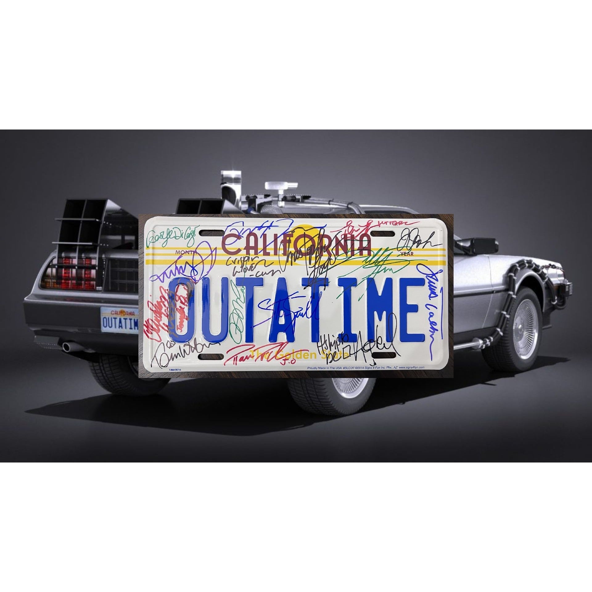 Back To The Future original license plate cast signed :Michael J Fox, Christopher Lloyd, Lea Thompson, Crispin Glover, Thomas F Wilson, Bil