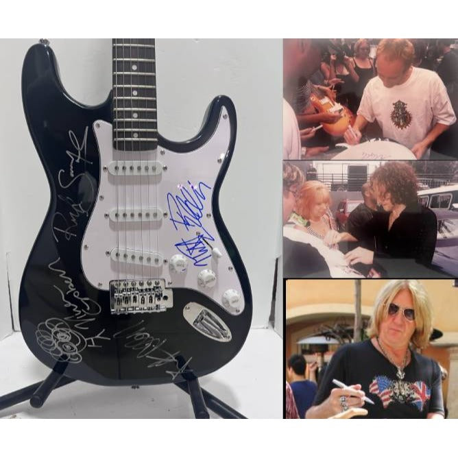 Def Leppard  Phil Collen, Vivian Campbell, Joe Elliott, Rick Savage, Rick Allen. stratocaster electric guitar signed with proof