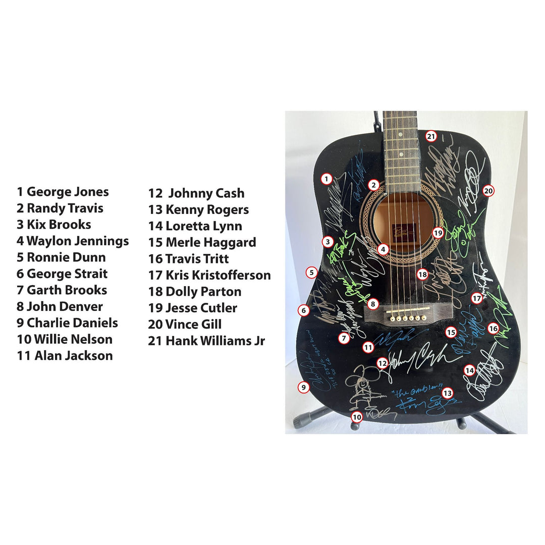 Charlie Daniels, Johnny Cash, Willie Nelson, Kenny Rogers, Waylon Jennings country legends guitar signed with proof