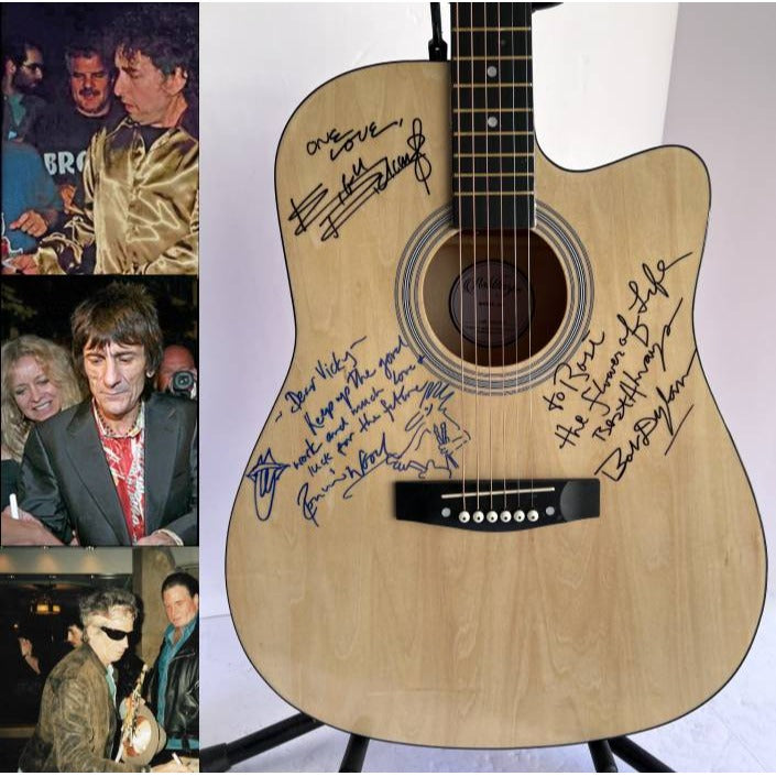 Keith Richards Bob Dylan Ronnie Wood One of a Kind signed and inscribed full size Ashharpe acoustic guitar signed with proof