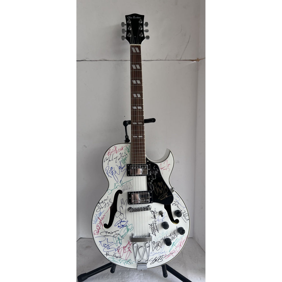 Rock and Roll icons Roger Waters, Eddie Van Halen, Bob Dylan, Robert Plant, Roonie Wood hollow body electric guitar signed with proof