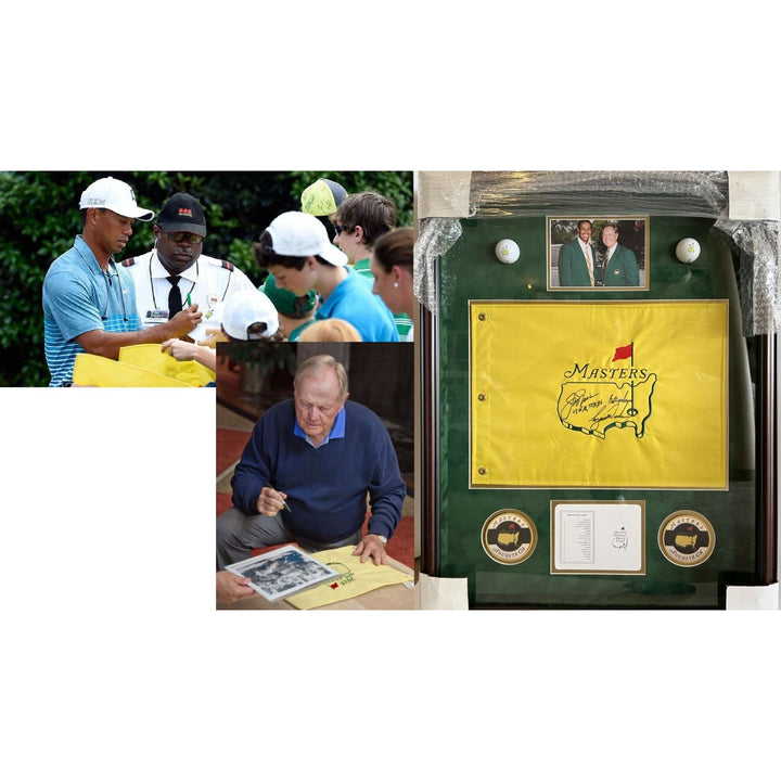 Tiger Woods Jack Nicklaus Masters Golf flag signed with proof and framed 24x31