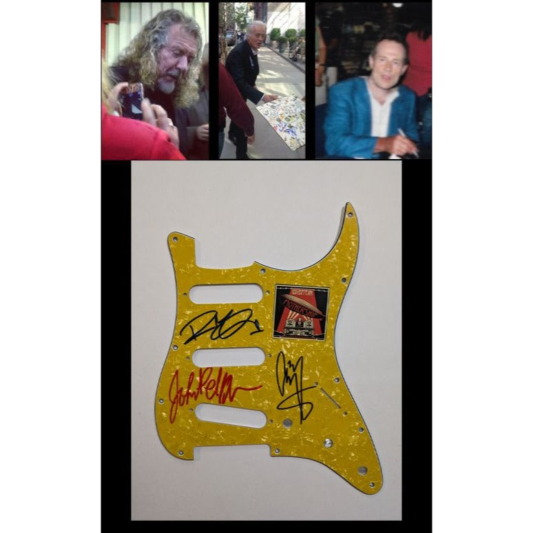 Robert Plant Jimmy Page John Paul Jones Led Zeppelin Fender Stratocaster electric guitar pickguard signed with proof