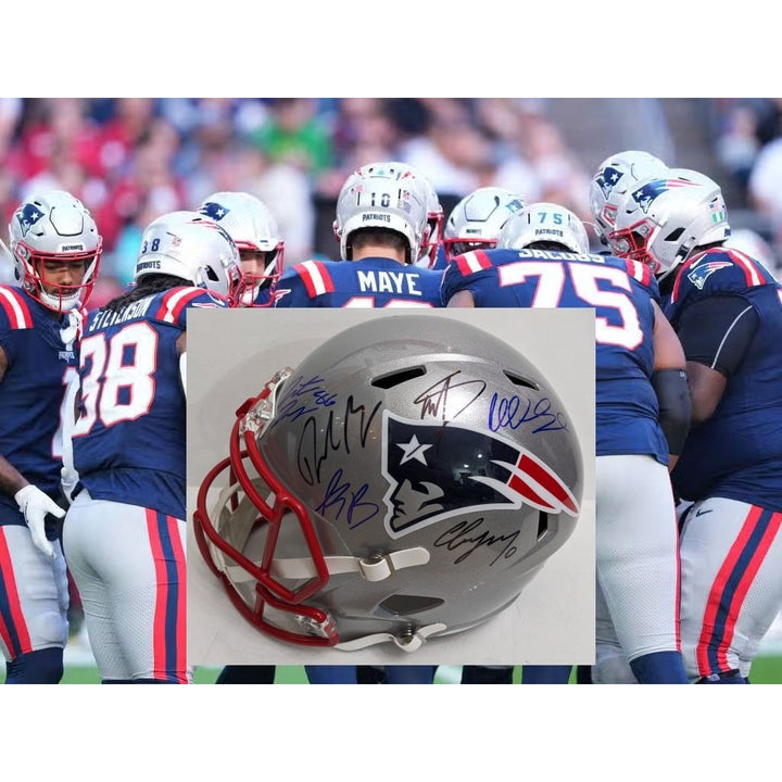 New England Patriots 2025 Drake Maye, Mike Vrabel, Kayshon Boutte, Hunter Henry, Stefon Diggs, Christian Gonzalez, Riddell full size helmet
