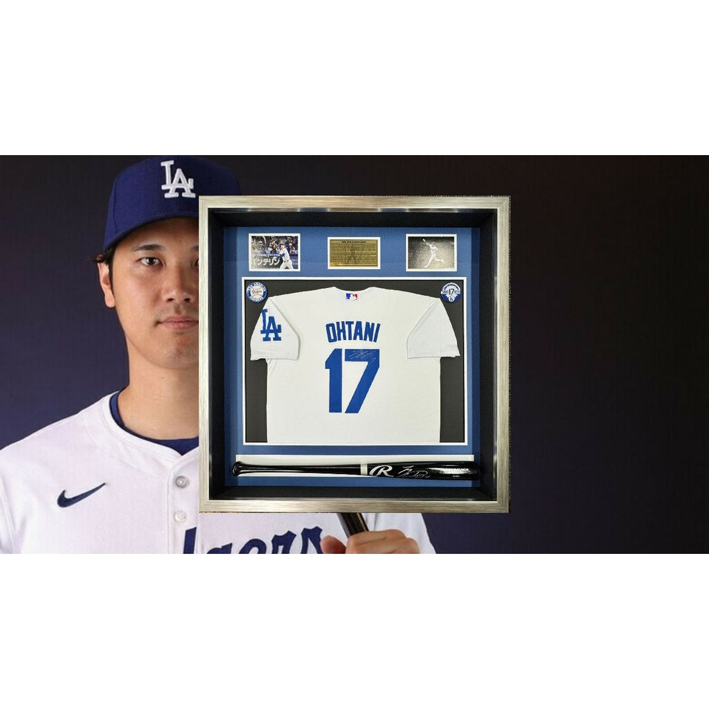 Shohei Ohtani game model Los Angeles Dodgers jersey and MLB bat signed with proof Museum quality frame 40x40x5