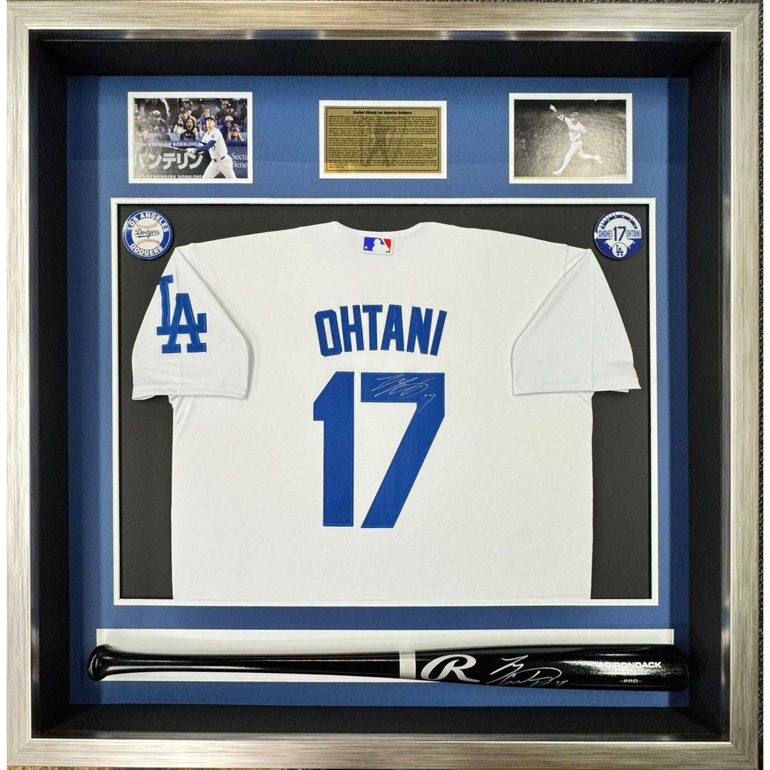 Shohei Ohtani game model Los Angeles Dodgers jersey and MLB bat signed with proof Museum quality frame 40x40x5