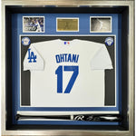 Load image into Gallery viewer, Shohei Ohtani game model Los Angeles Dodgers jersey and MLB bat signed with proof Museum quality frame 40x40x5
