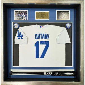 Shohei Ohtani game model Los Angeles Dodgers jersey and MLB bat signed with proof Museum quality frame 40x40x5