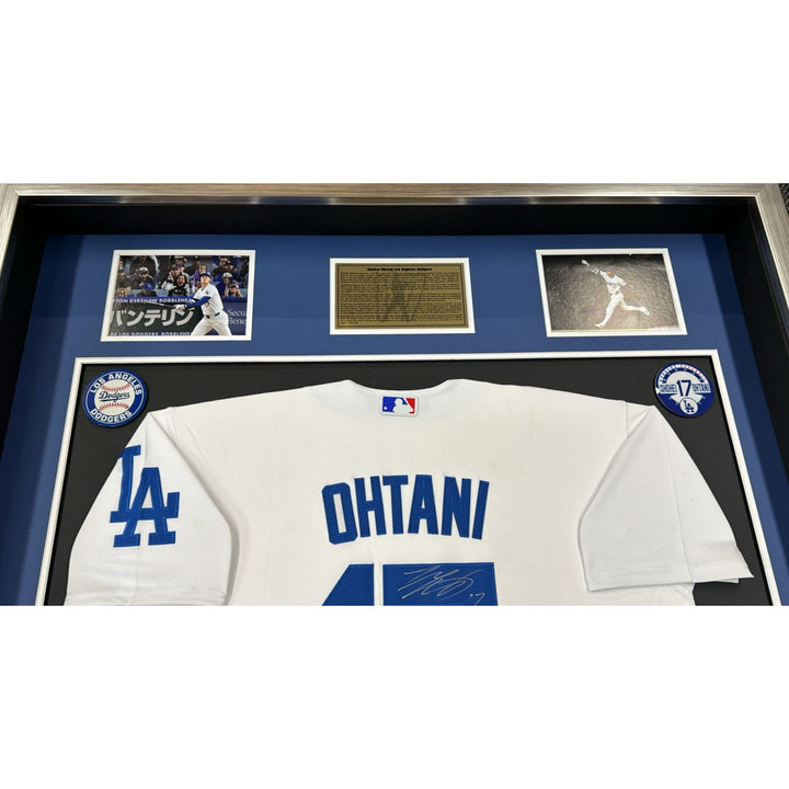 Shohei Ohtani game model Los Angeles Dodgers jersey and MLB bat signed with proof Museum quality frame 40x40x5