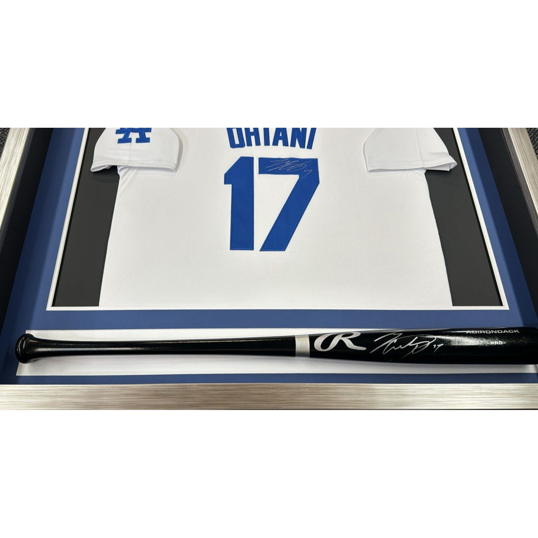 Shohei Ohtani game model Los Angeles Dodgers jersey and MLB bat signed with proof Museum quality frame 40x40x5