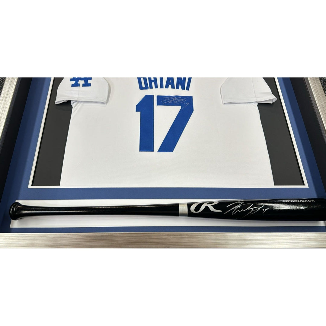 Shohei Ohtani game model Los Angeles Dodgers jersey and MLB bat signed with proof Museum quality frame 40x40x5