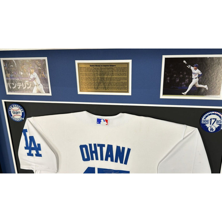 Shohei Ohtani game model Los Angeles Dodgers jersey and MLB bat signed with proof Museum quality frame 40x40x5