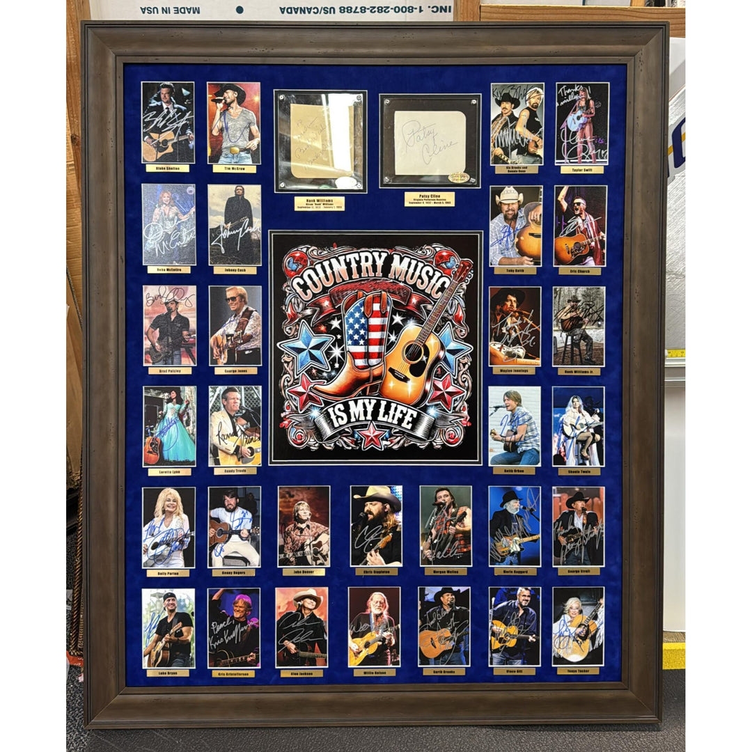 Country Music Icons Hank Williams Sr. Patsy Cline Johnny Cash, Dolly Parton, Kenny Rogers (33) legends signed this one of a kind piece