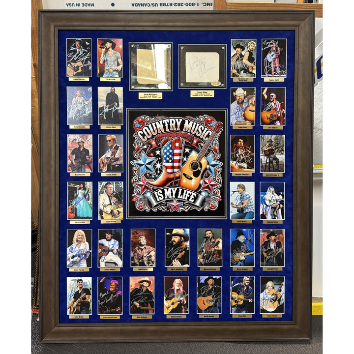 Country Music Icons Hank Williams Sr. Patsy Cline Johnny Cash, Dolly Parton, Kenny Rogers (33) legends signed this one of a kind piece