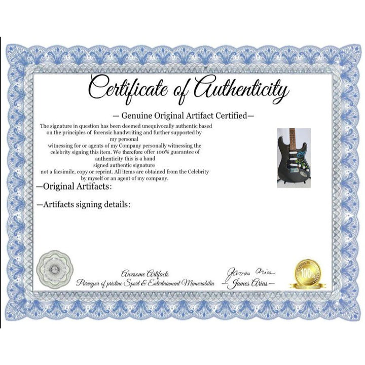 Rush Band signed Neil Peart, Geddy Lee, Alex Lifeson vintage black Fender Stratocaster full size electric guitar signed with proof