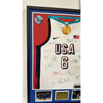 Load image into Gallery viewer, USA LeBron James 2024 Gold Medal Olympic Mens Basketball team signed jersey with photo proof and museum quality frame&nbsp; 41x30x4
