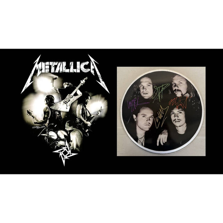 Metallica James Hetfield Lars Ulrich Kirk Hammett Jason Newsted  drumhead signed with proof.