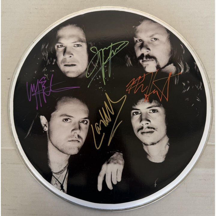 Metallica James Hetfield Lars Ulrich Kirk Hammett Jason Newsted  drumhead signed with proof.