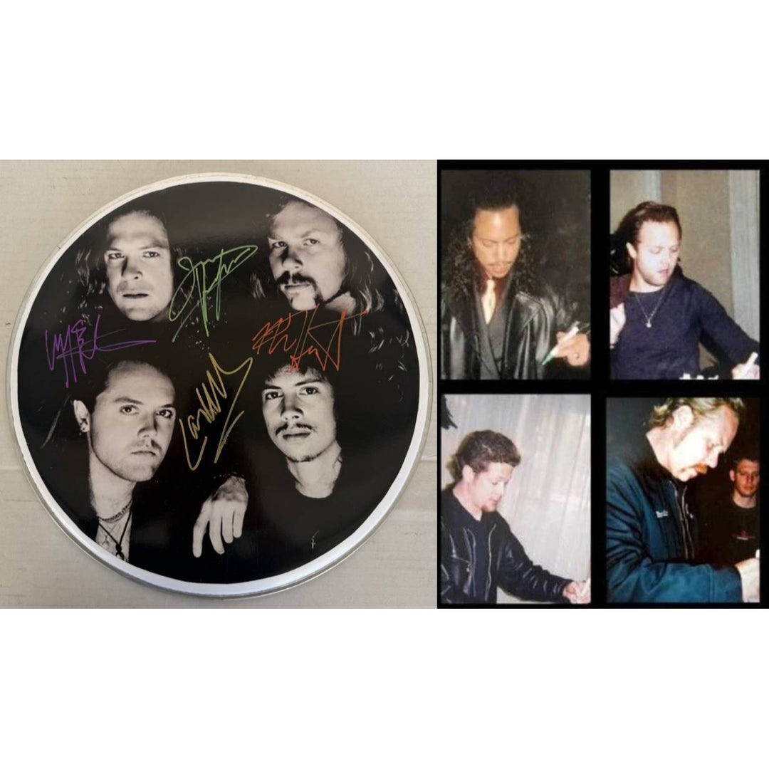 Metallica James Hetfield Lars Ulrich Kirk Hammett Jason Newsted  drumhead signed with proof.