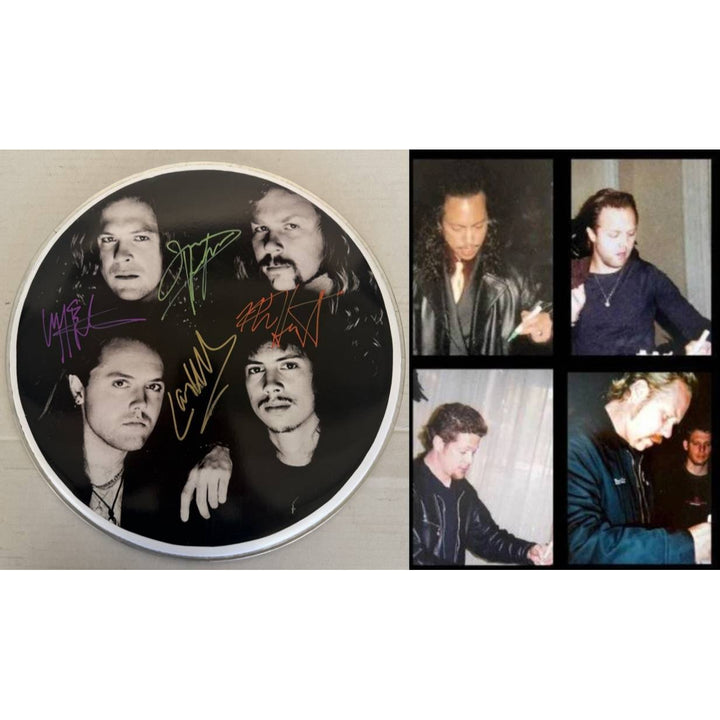 Metallica James Hetfield Lars Ulrich Kirk Hammett Jason Newsted  drumhead signed with proof.