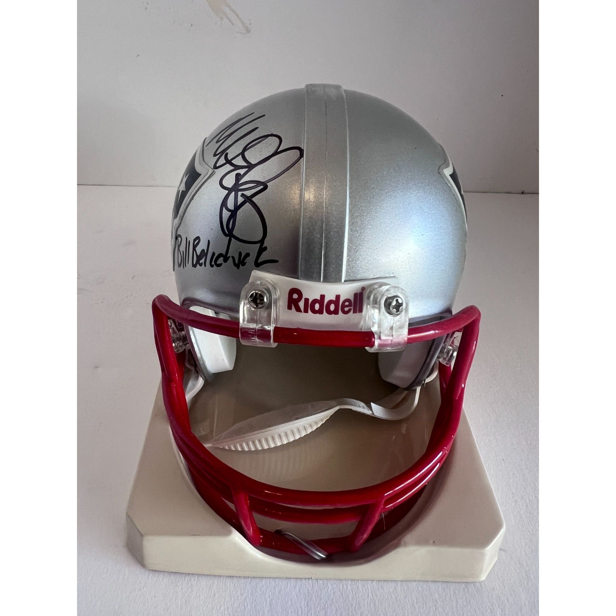 New England Patriots Teddy Bruschi Richard Seymour Junior Seau Bill Belichick Riddell mini helmet signed with proof