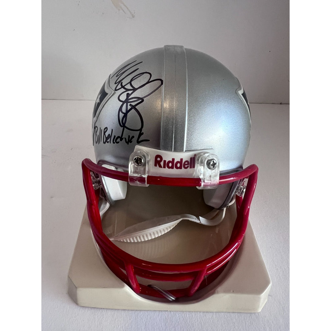 New England Patriots Teddy Bruschi Richard Seymour Junior Seau Bill Belichick Riddell mini helmet signed with proof