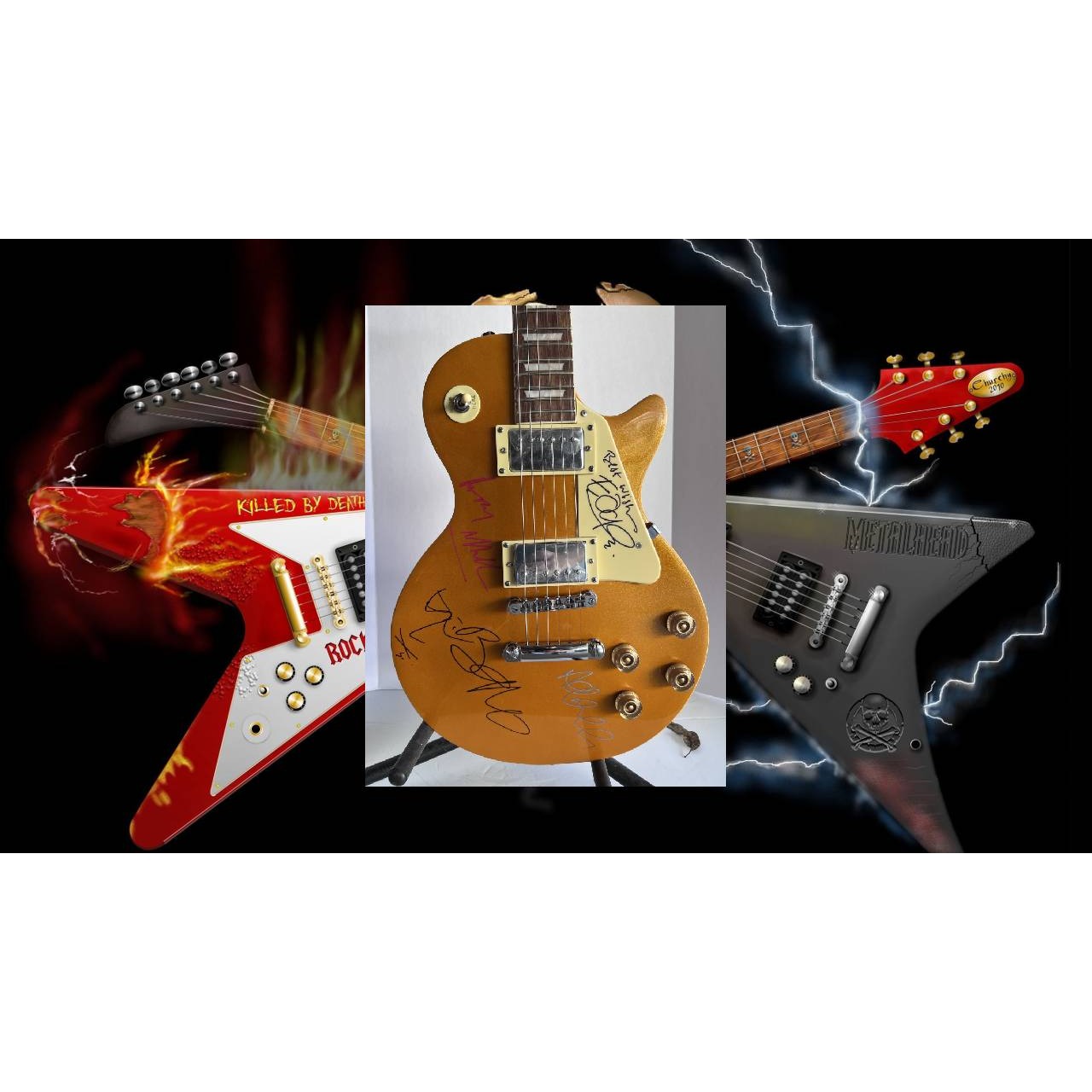 U2 Bono Paul Hewson The Edge David Evans Howell, Larry Mullen Adam Clayton full size gold Les Paul signed with proof