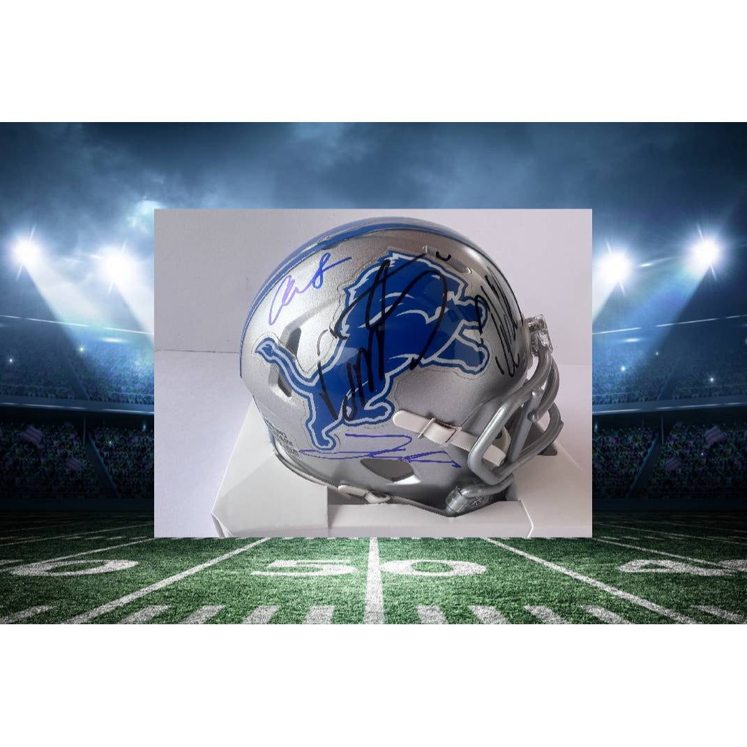 Detroit Lions Dan Campbell, Jared Goff, Amon-Ra St. Brown, Jahmyr Gibbs, David Montgomery mini helmet signed with proof