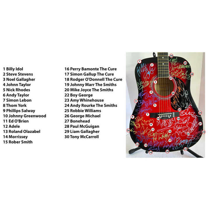 British Iconic Rock stars acoustic guitar signed Adele, Morrissey, George Michael, Robert Smith Robbie Williams signed with proof