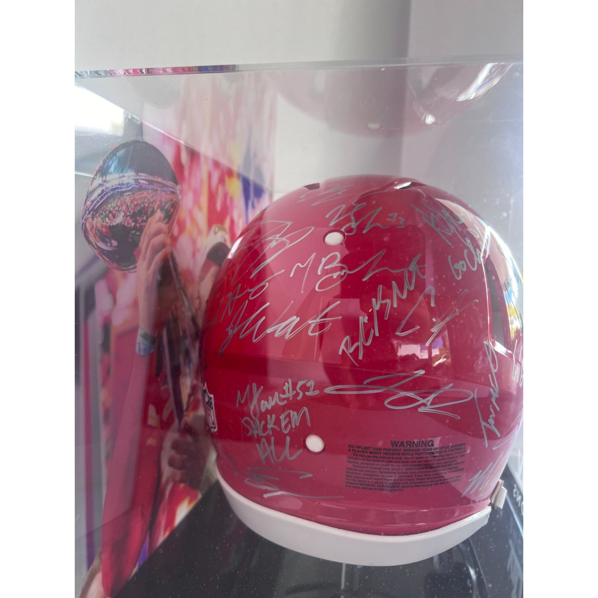 Kansas City Super Bowl champions Patrick Mahomes Andy Reid Travis Kelce 2022 23 team signed helmet with proofand 15x13 acrylic display case