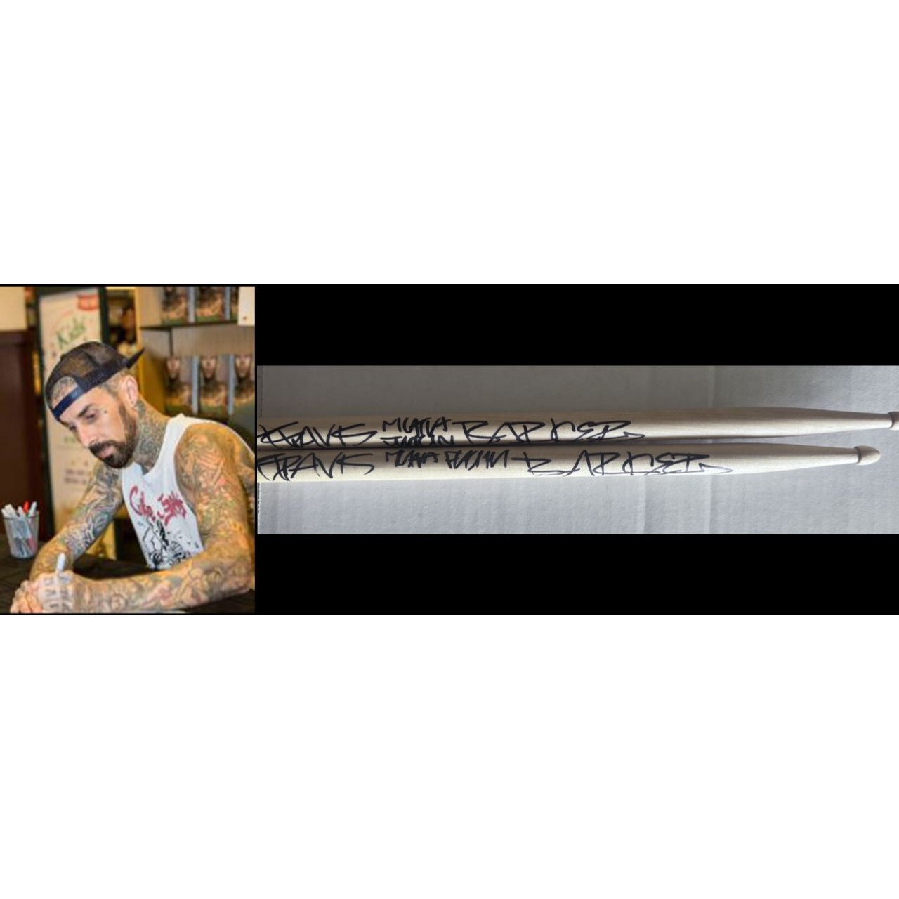 Travis Barker drummer of Blink-182 drumsticks (2) signed with proof