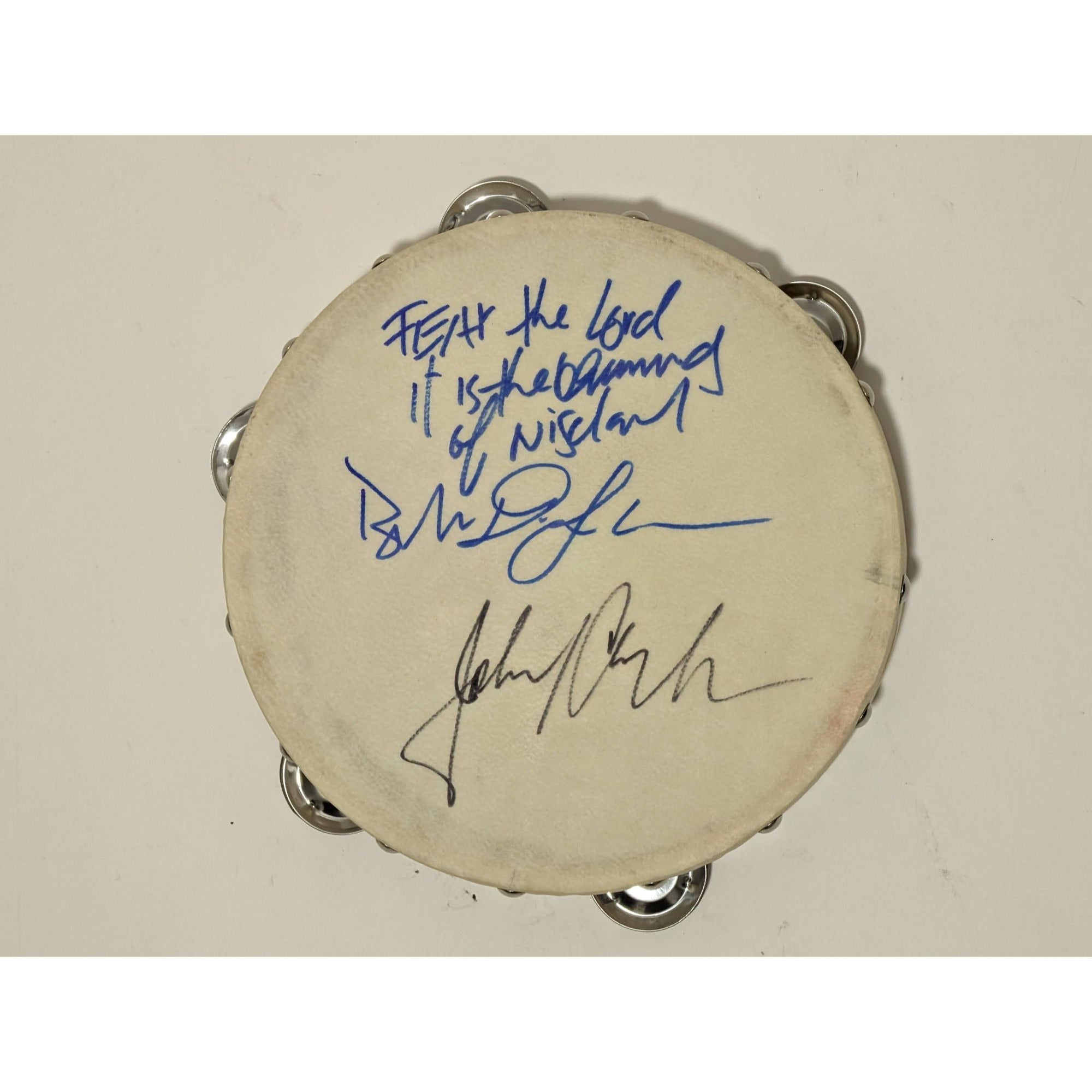 Bob Dylan with inscription and Johnny Cash  10inch' tambourine signed with proof
