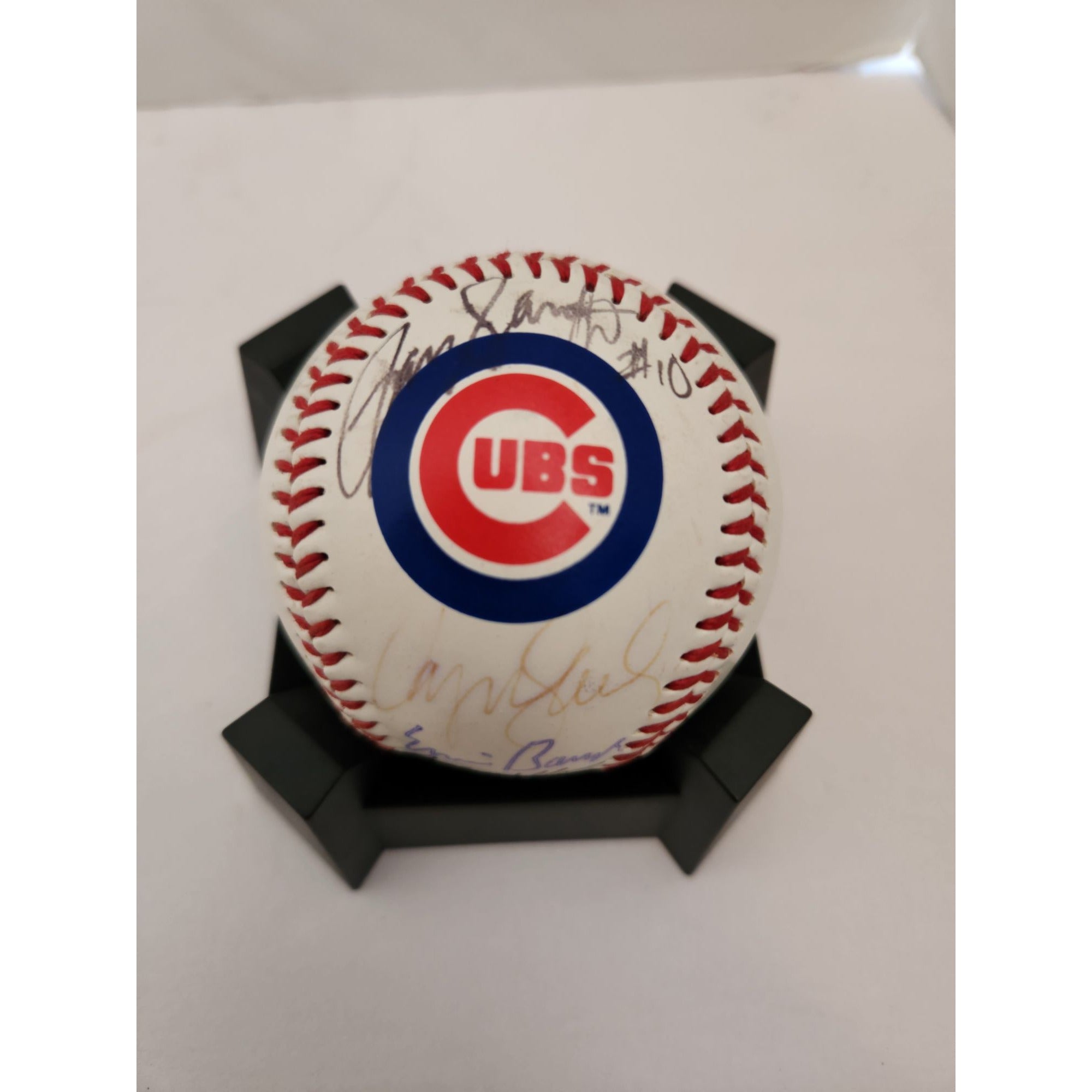 Chicago Cubs logo baseball Ron Santo Ryne Sandberg Ernie Banks Billy Williams signed with proof free acrylic display case