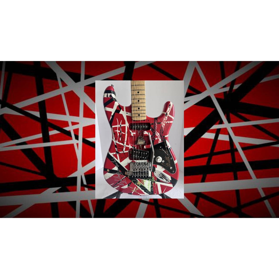 Eddie Van Halen Frankenstein Fender Stratocaster electric guitar signed by David Lee Roth Eddie Van Halen Michael Anthony Sammy Hagar