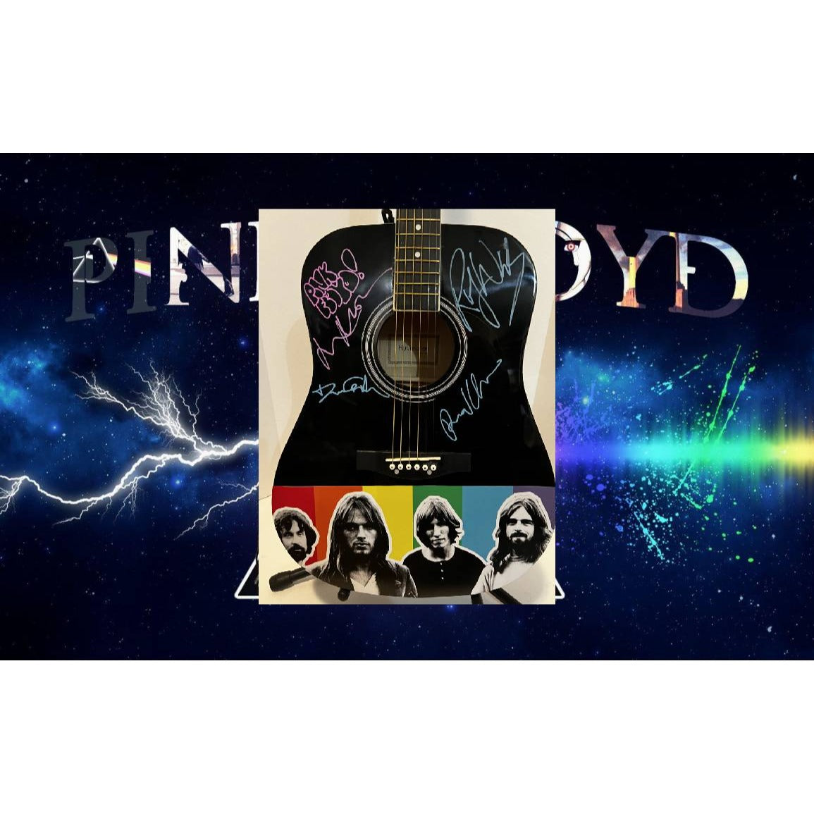 Pink Floyd David Gilmour, Roger Waters, Nick Mason and Richard Wright signed  full size acoustic guitar with proof