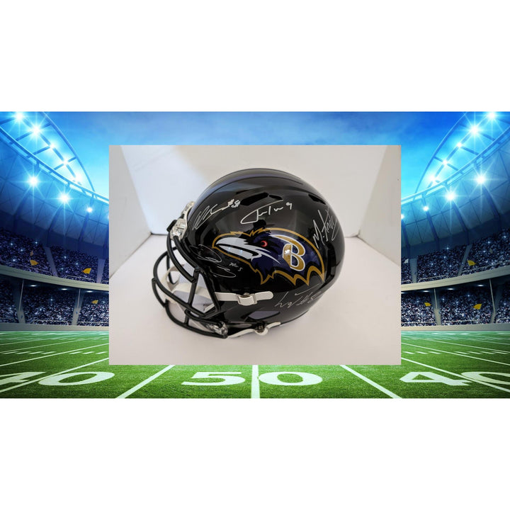 Baltimore Ravens Lamar Jackson Odell Beckham, Mark Andrews, Justin Tucker, Gus Edwards full size helmet signed with proof