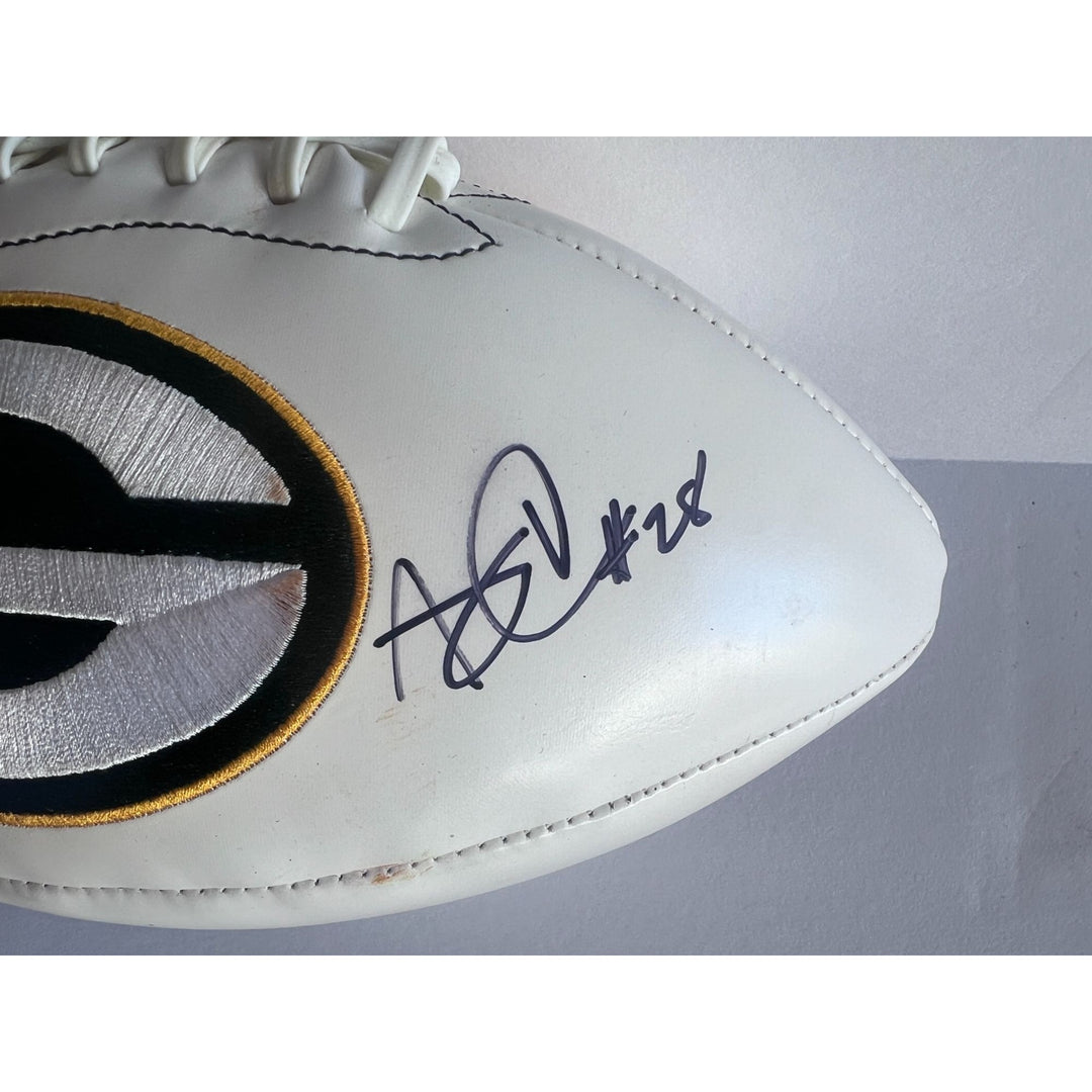 Green Bay Packers Jordan Love and Aaron Jones logo full size football signed with proof