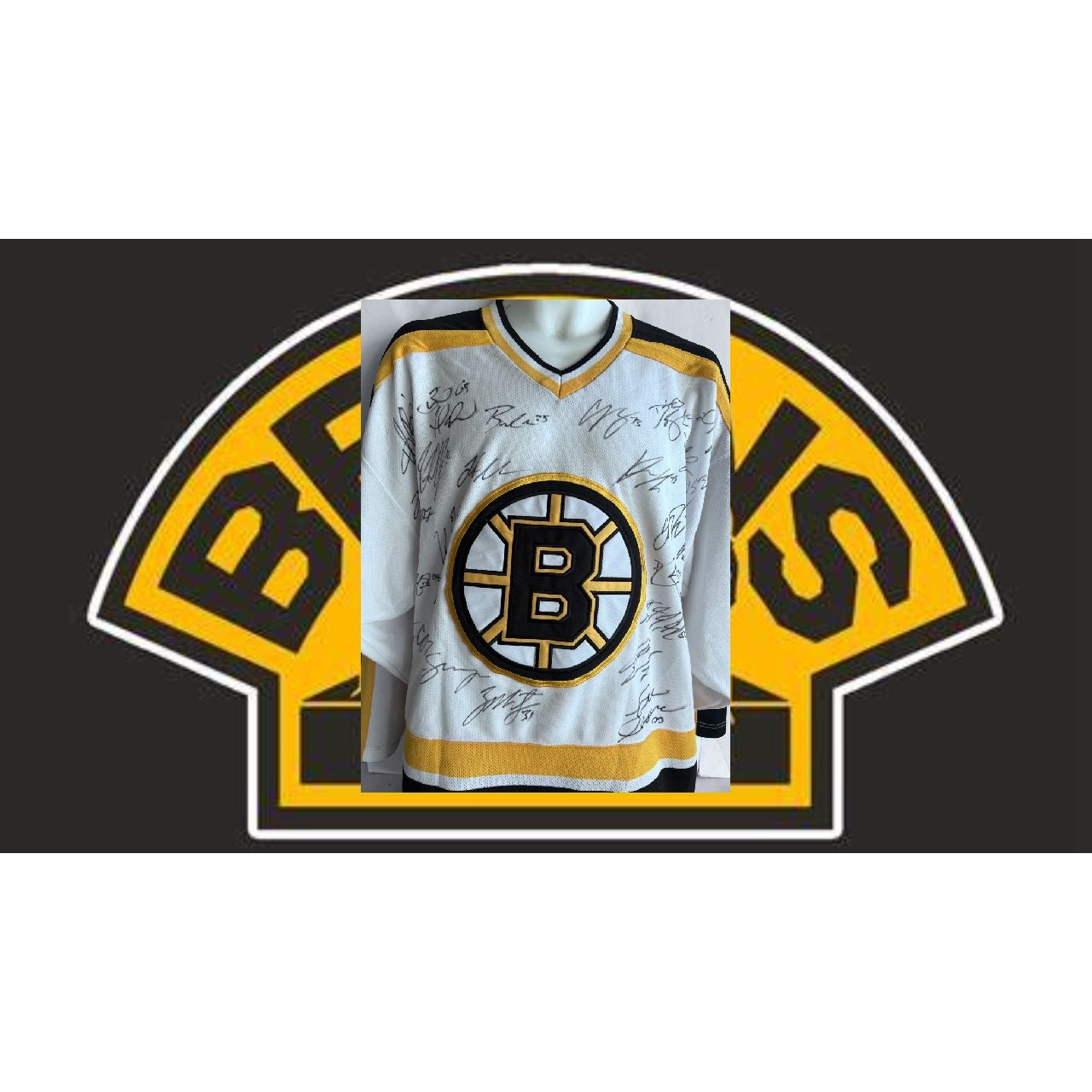 Boston Bruins game model Jersey all-time great signed Milt Schmidt Johnny Bucyik Ray Bourque Bobby Orr Phil Esposito