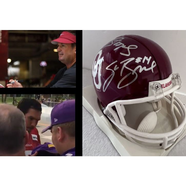 Oklahoma Sooners Bob Stoops Sam Bradford mini helmet signed
