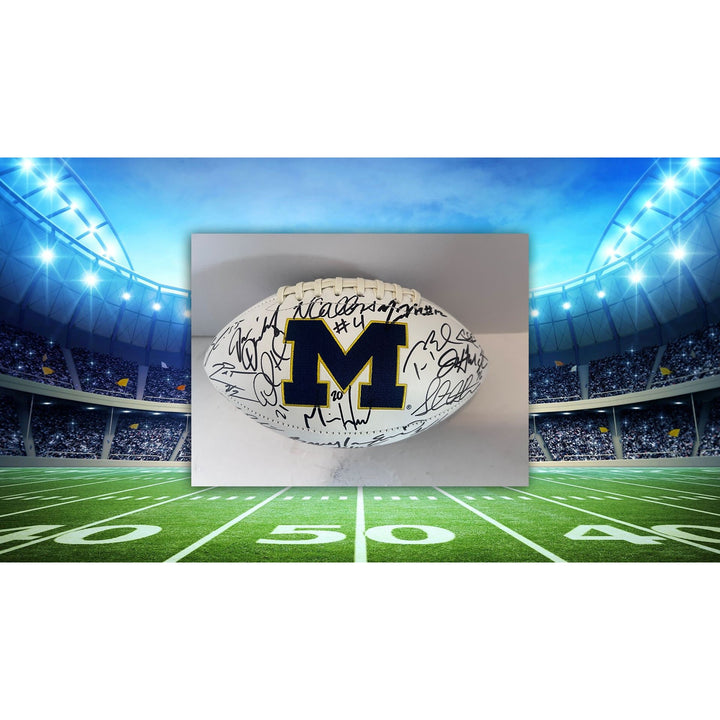 Michigan Legends Tom Brady, Charles Woodson, Desmond Howard, Jim Harbaugh signed football with proof free case