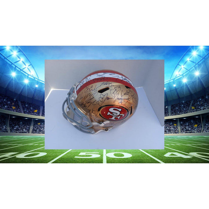 San Francisco 49ers Christian McCaffrey George Kittle Deebo Samuel Brock Purdy 2023 Riddell speed full size helmet signed with proof and fre