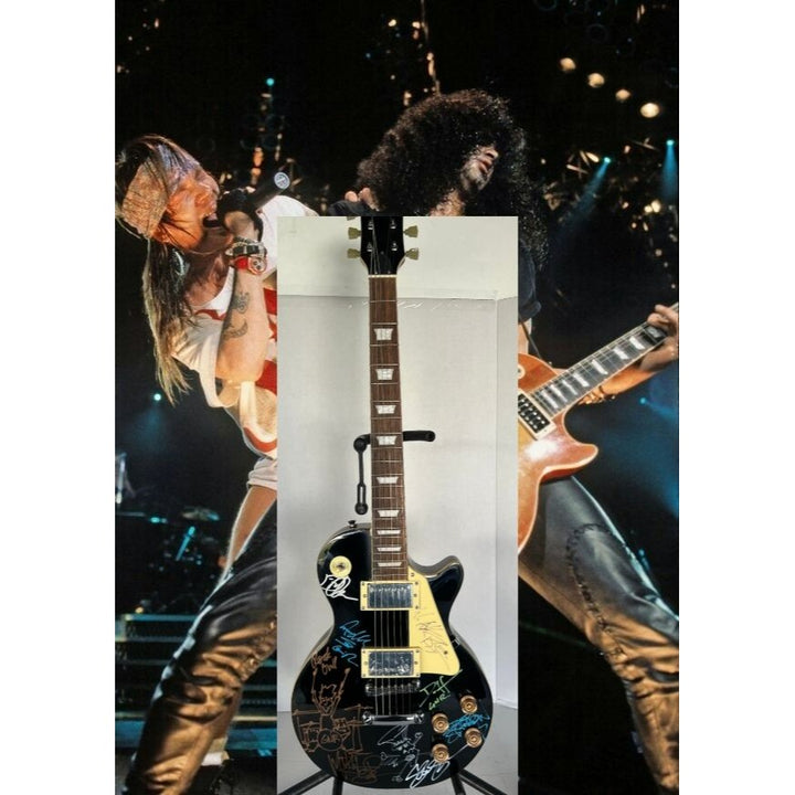 Guns N Roses Axl Rose, Matt Sorum w/ sketch, Slash w/ sketch, Izzy Stradlin, Duff McKagan, Steve Adler black les paul electric guitar