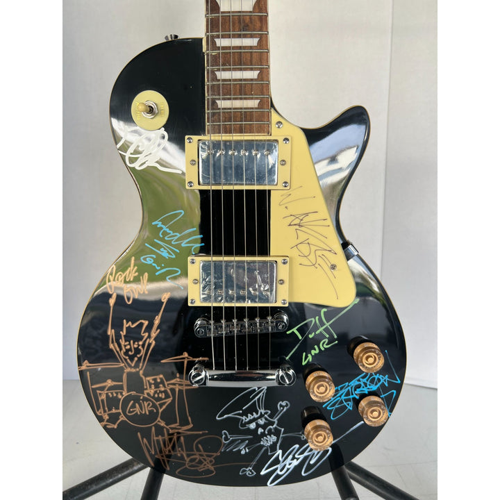 Guns N Roses Axl Rose, Matt Sorum w/ sketch, Slash w/ sketch, Izzy Stradlin, Duff McKagan, Steve Adler black les paul electric guitar