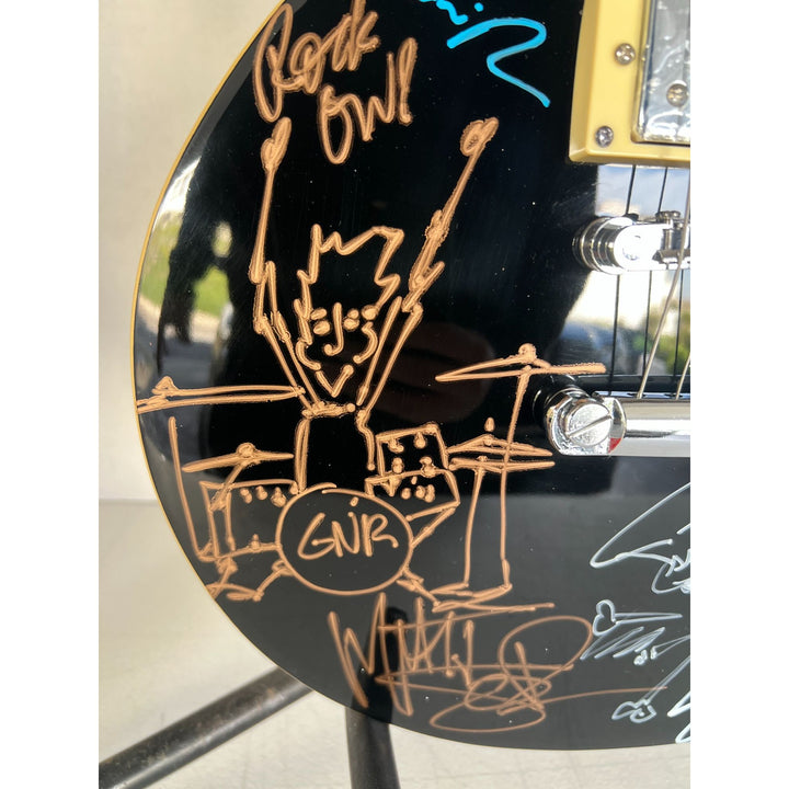 Guns N Roses Axl Rose, Matt Sorum w/ sketch, Slash w/ sketch, Izzy Stradlin, Duff McKagan, Steve Adler black les paul electric guitar