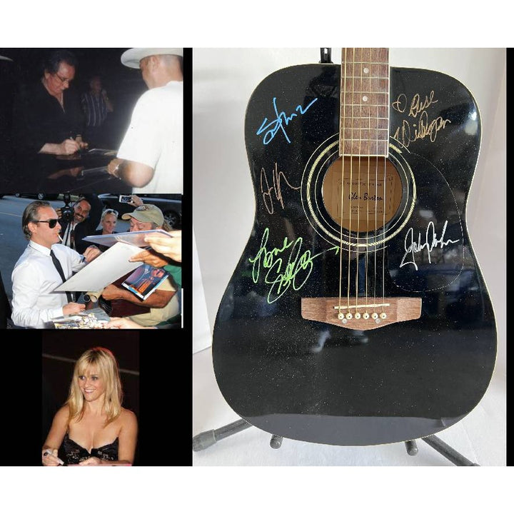 Johnny Cash Juaquin Phoenix "Walk The Line" cast signed full size black acoustic guitar with proof