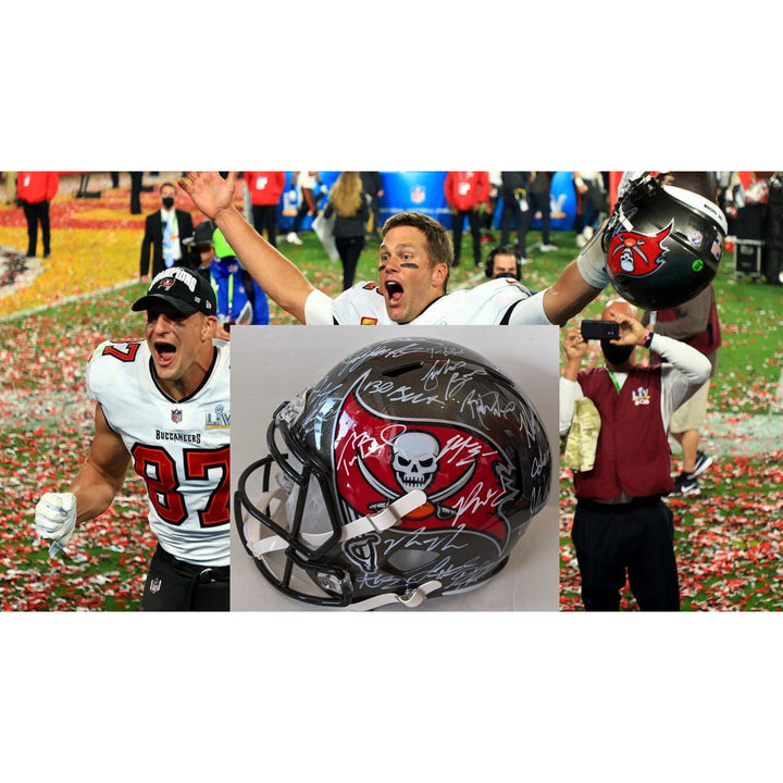 Tampa Bay Buccaneers Tom Brady Rob Gronkowski, Bruce Arians, Mike Evans Super Bowl Champions 20-21 Riddel Speed Full size helmet signed
