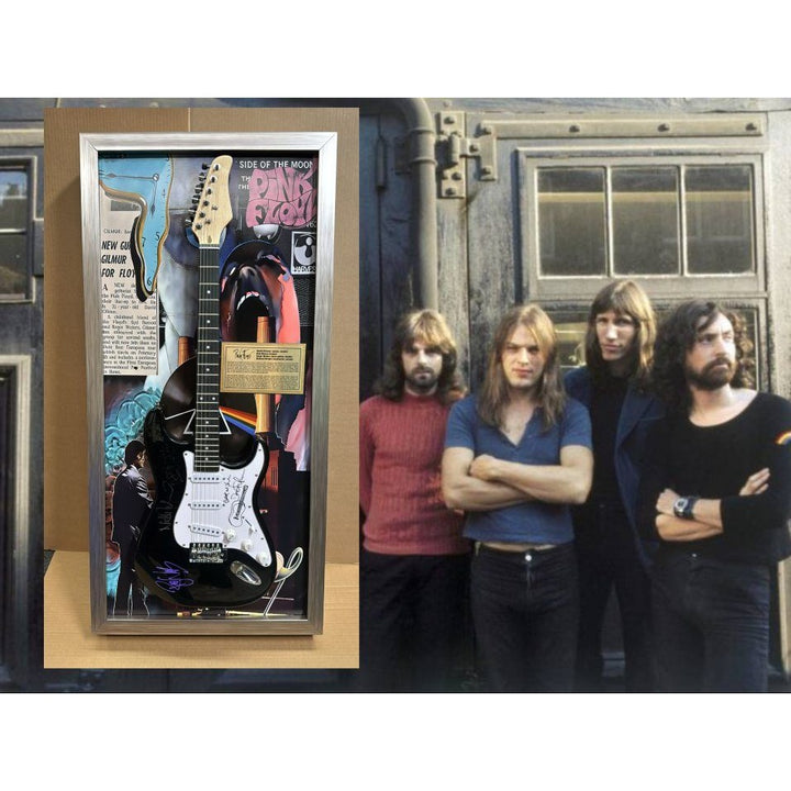 21x44 framed Pink Floyd Roger Waters David Gilmour Richard Wright Nick Mason vintage black les paul electric guitar signed with proof.