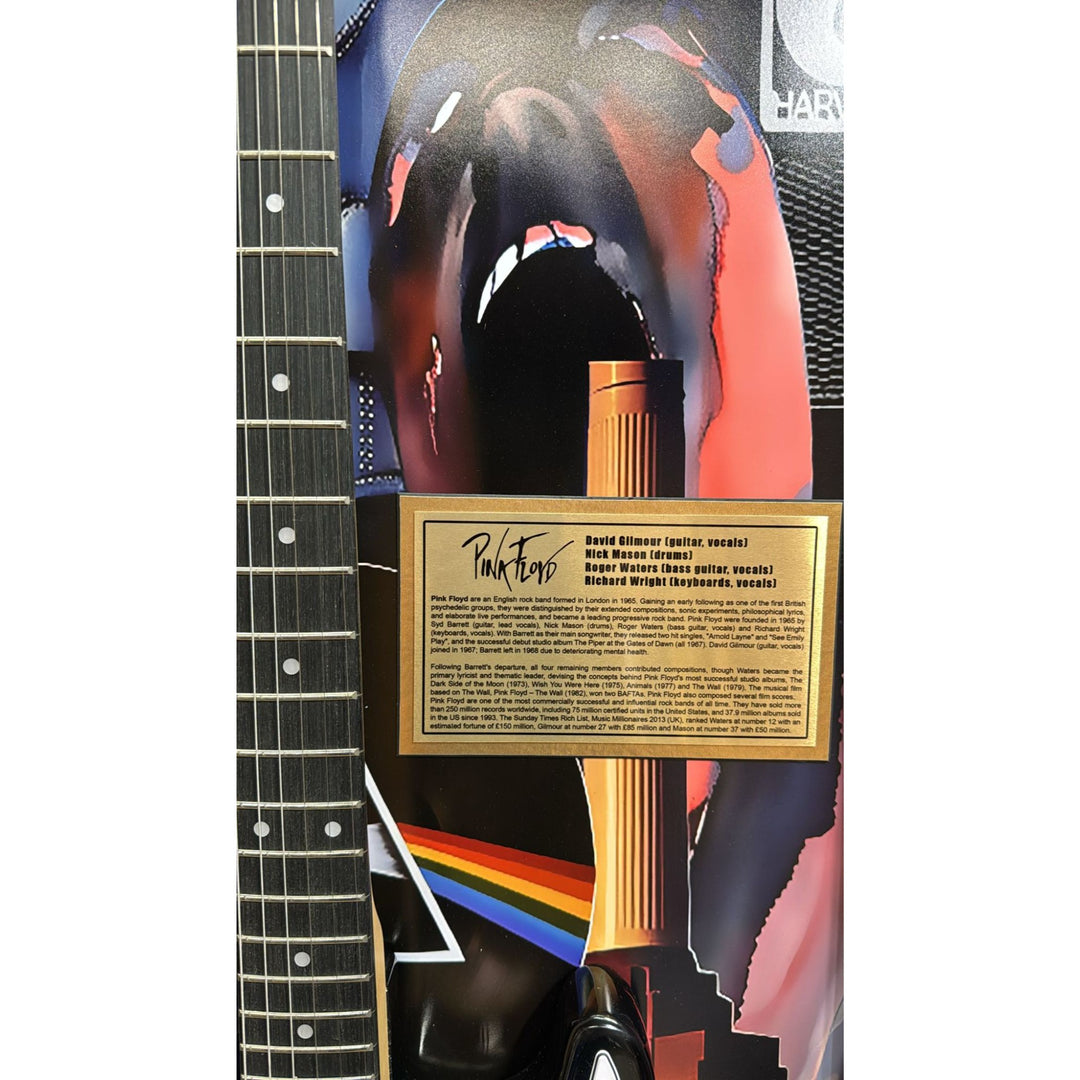 21x44 framed Pink Floyd Roger Waters David Gilmour Richard Wright Nick Mason vintage black les paul electric guitar signed with proof.